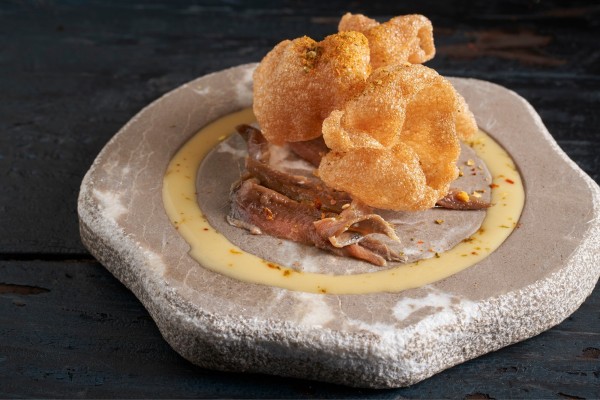 Anchovies with Caviaroli Sauce Oliva Verde Líquida and Tasty-Bites Bonito & Takoyaki